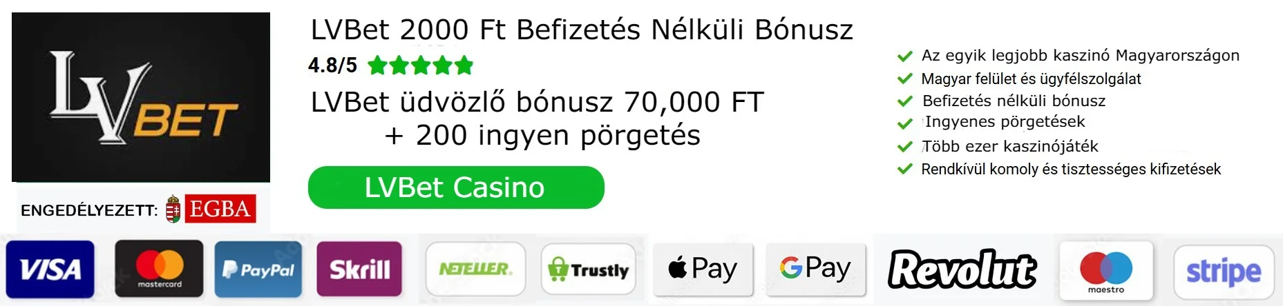 LVbet Casino 2000 FT befizetés nélküli bónusz + ingyen pörgetés